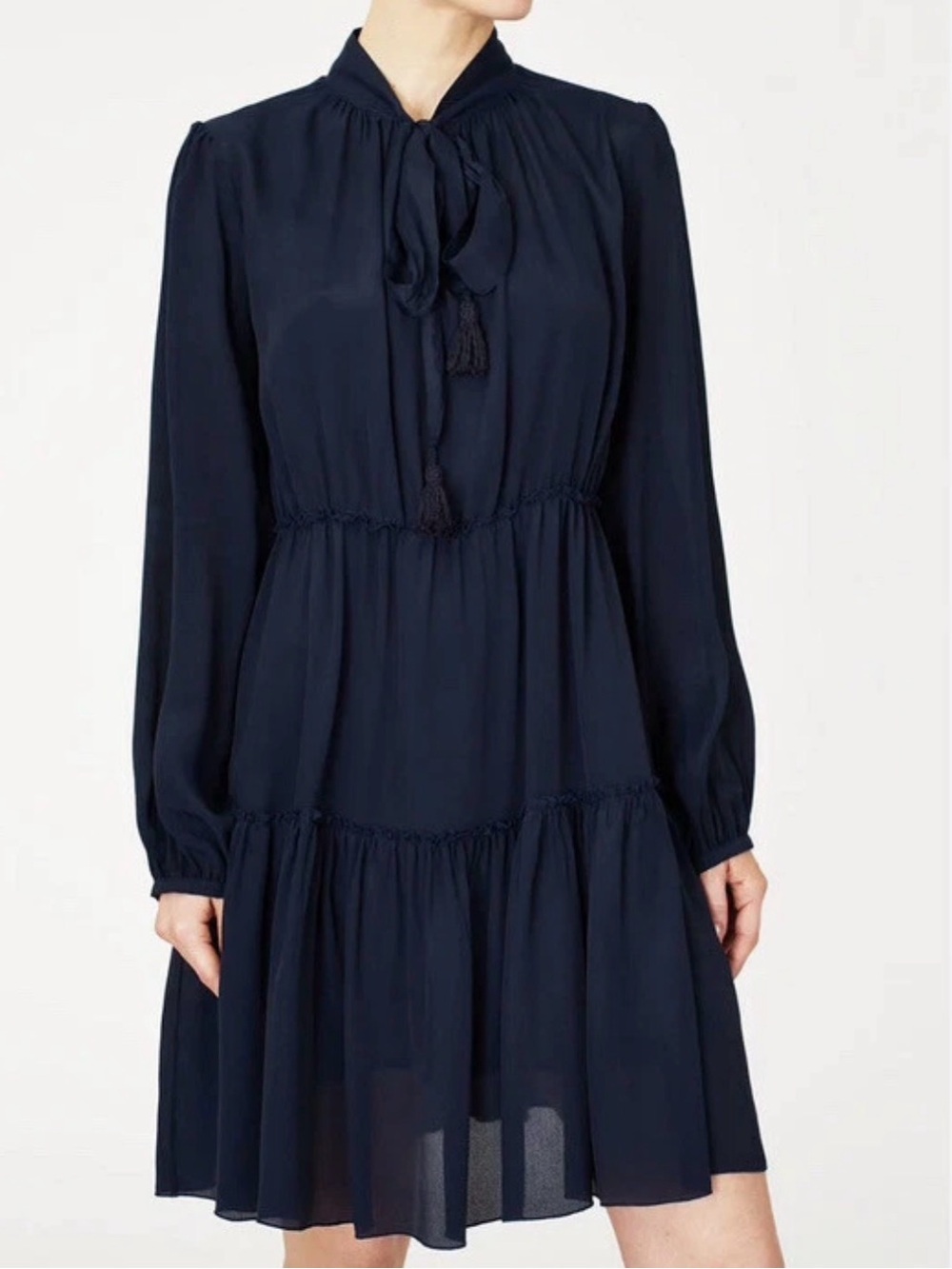 See By Chloé Navy Blue Sheer Boho Tassel Tie Tiered Dress
